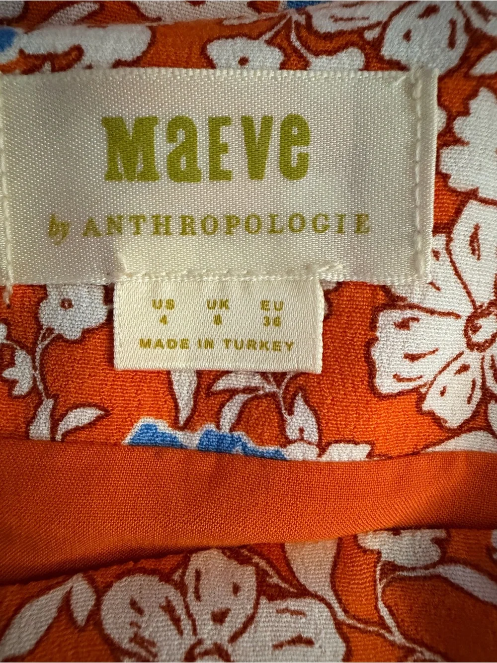 Maeve Anthropologie Lille Orange Blue Floral Side Slit Midi Skirt Size 4